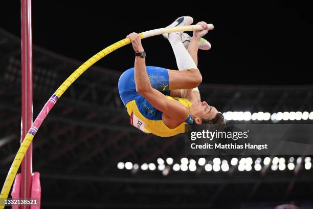 Armand Duplantis of Team Sweden competes in the Men's Pole Vault Final on day eleven of the Tokyo 2020 Olympic Games at Olympic Stadium on August 03,...