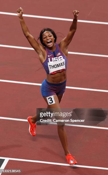 Bronze medal winner Gabrielle Thomas celebrates after the Women's 200m Final on day eleven of the Tokyo 2020 Olympic Games at Olympic Stadium on...