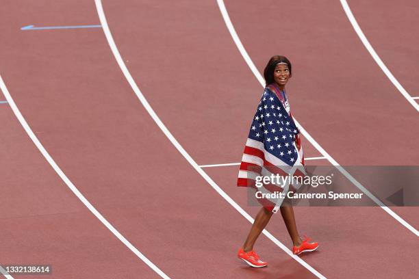 Bronze medal winner Gabrielle Thomas celebrates after the Women's 200m Final on day eleven of the Tokyo 2020 Olympic Games at Olympic Stadium on...