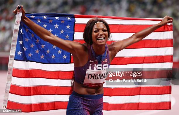 Bronze medal winner Gabrielle Thomas celebrates after the Women's 200m Final on day eleven of the Tokyo 2020 Olympic Games at Olympic Stadium on...