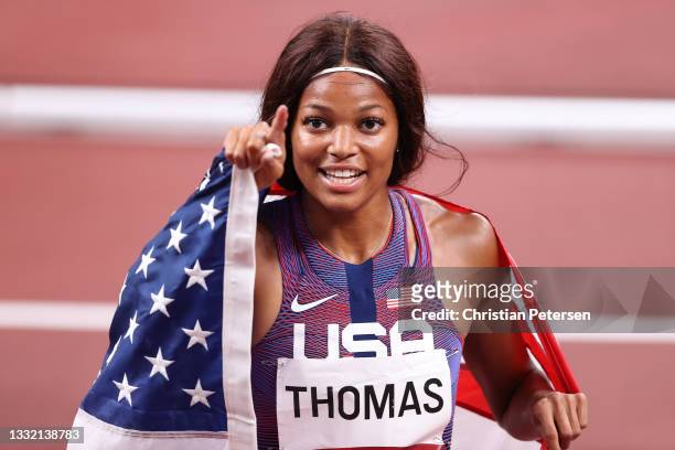Bronze medal winner Gabrielle Thomas celebrates after the Women's 200m Final on day eleven of the Tokyo 2020 Olympic Games at Olympic Stadium on...