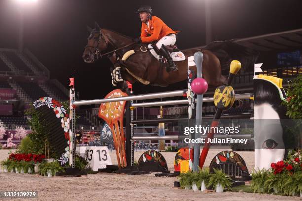 Willem Greve of Team Netherlands riding Zypria S competes during the Jumping Individual Qualifier on day eleven of the Tokyo 2020 Olympic Games at...