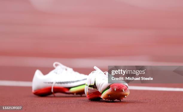 The shoes of gold medal winner Elaine Thompson-Herah of Team Jamaica are seen on the track after the Women's 200m Final on day eleven of the Tokyo...