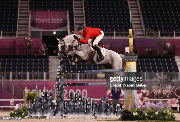Gregory Wathelet of Team Belgium riding Nevados S competes during the Jumping Individual Qualifier on day eleven of the Tokyo 2020 Olympic Games at...