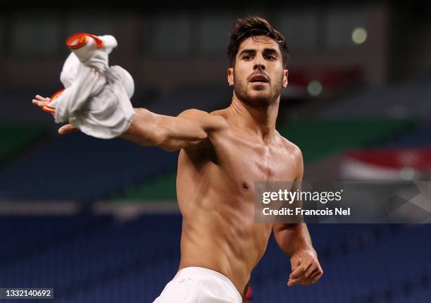 Marco Asensio of Team Spain celebrates after scoring their side's first goal during the Men's Football Semi-final match between Japan and Spain on...