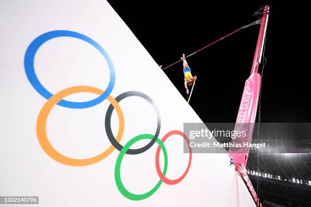 Armand Duplantis of Team Sweden competes in the Men's Pole Vault Final on day eleven of the Tokyo 2020 Olympic Games at Olympic Stadium on August 03,...