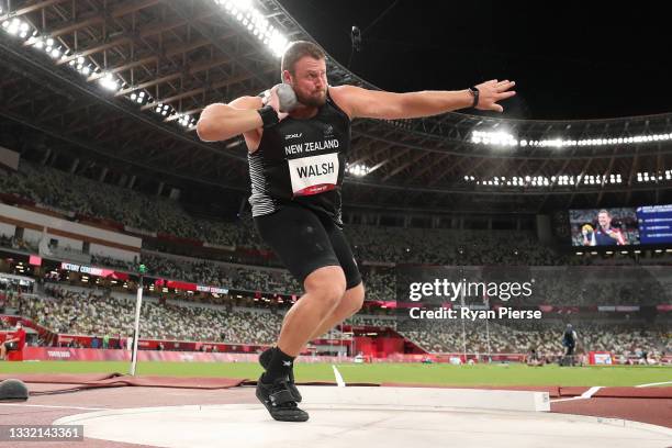 Tomas Walsh of Team New Zealand competes in the Men's Shot Put qualification on day eleven of the Tokyo 2020 Olympic Games at Olympic Stadium on...
