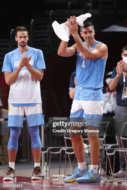 Luis Scola of Team Argentina claps and thanks the crowd as time winds down in Argentina's loss to Australia in their Men's Basketball Quarterfinal...