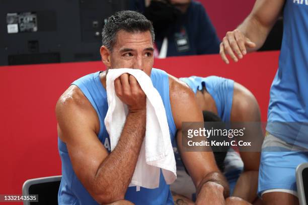 Luis Scola of Team Argentina tears up as time expires in Argentina's loss to Australia in a Men's Basketball Quarterfinal game on day eleven of the...