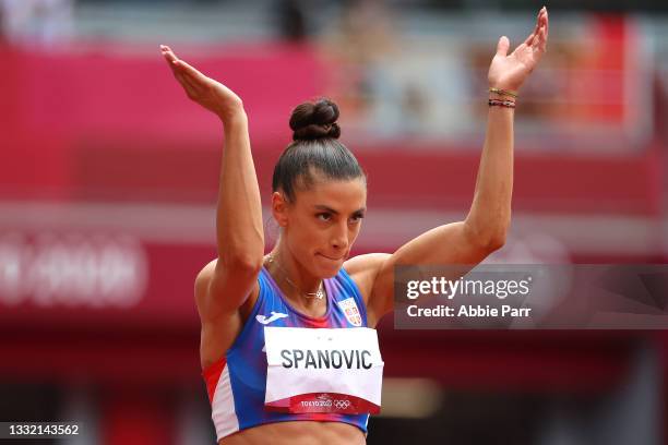 Ivana Spanovic of Team Serbia reacts while competing in the Women's Long Jump Final on day eleven of the Tokyo 2020 Olympic Games at Olympic Stadium...