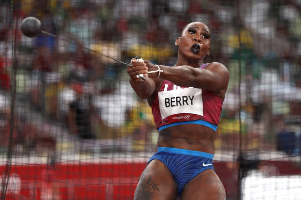 Gwen Berry of Team United States competes in the Women's Hammer Throw Final on day eleven of the Tokyo 2020 Olympic Games at Olympic Stadium on...