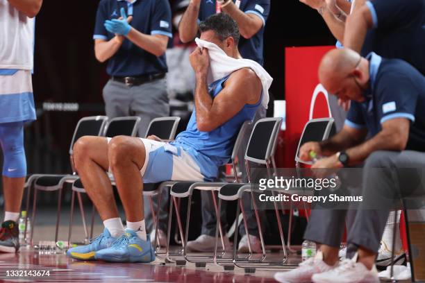 Luis Scola of Team Argentina tears up with emotion as time expires in Argentina's loss to Australia in a Men's Basketball Quarterfinal game on day...