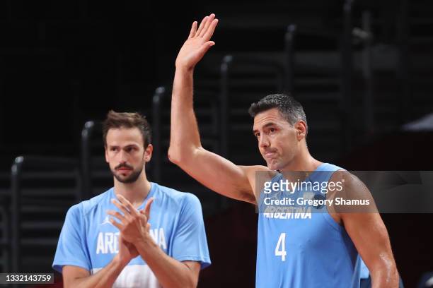 Luis Scola of Team Argentina aknowledges the the crowd as time winds down in Argentina's loss to Australia in their Men's Basketball Quarterfinal...