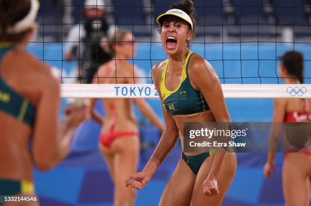 Taliqua Clancy of Team Australia reacts as she competes against Team Canada during the Women's Quarterfinal beach volleyball on day eleven of the...