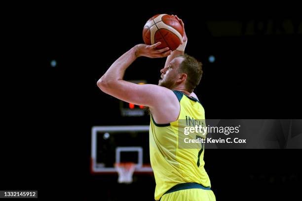 Joe Ingles of Team Australia attempts a 3-point shot against Team Argentina during the second half of a Men's Basketball Quarterfinal game on day...