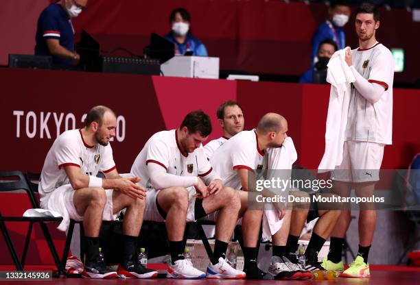 Marcel Schiller, Johannes Golla, Paul Drux, Steffen Weinhold and Hendrik Pekeler of Team Germany look dejected after losing the Men's Quarterfinal...