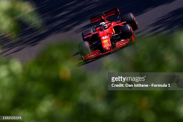 Charles Leclerc of Monaco driving the Scuderia Ferrari SF21 during practice ahead of the F1 Grand Prix of Hungary at Hungaroring on July 30, 2021 in...