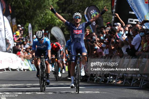 Planckaert Edward of Belgium and Team Alpecin-Fenix celebrates at finish line as stage winner ahead of Gonzalo Serrano of Spain and Movistar Team...