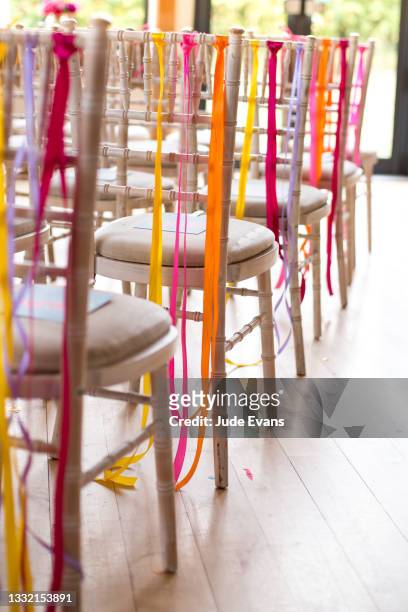 decorated wedding chairs - empty wedding ceremony stock pictures, royalty-free photos & images