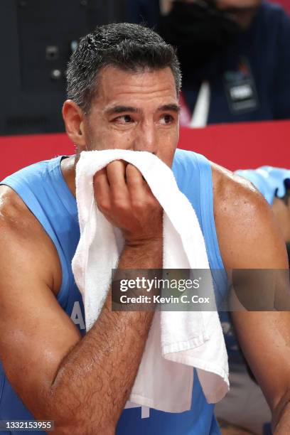 Luis Scola of Team Argentina tears up as time expires in Argentina's loss to Australia in a Men's Basketball Quarterfinal game on day eleven of the...