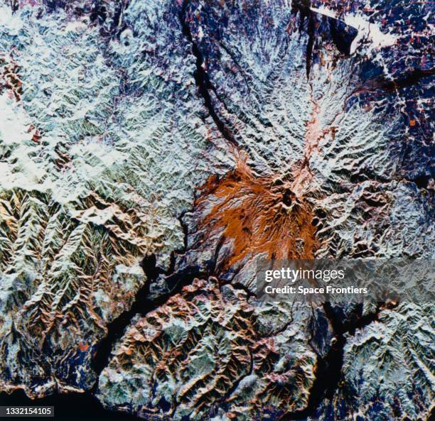 Aerial view showing Mount Pinatubo and the surrounding area in the Philippines, captured by the Spaceborne Imaging Radar-C/X-Band Synthetic Aperture...