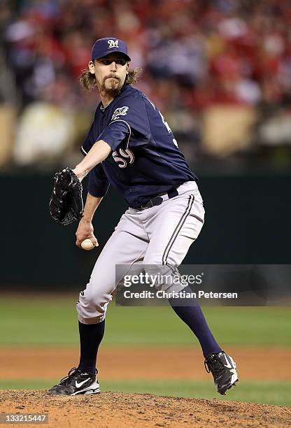 Relief pitcher John Axford of the Milwaukee Brewers during Game Four of the National League Championship Series against the St. Louis Cardinals at...