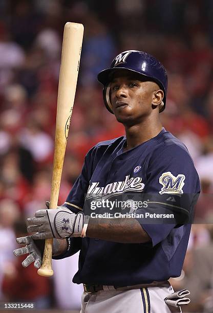 Nyjer Morgan of the Milwaukee Brewers during Game Four of the National League Championship Series against the St. Louis Cardinals at Busch Stadium on...