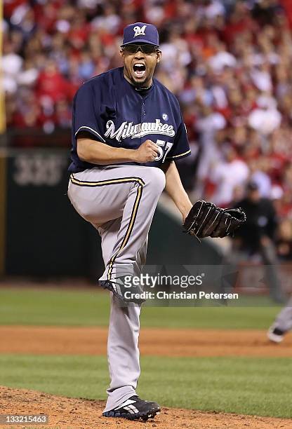 Relief pitcher Francisco Rodriguez of the Milwaukee Brewers during Game Four of the National League Championship Series against the St. Louis...