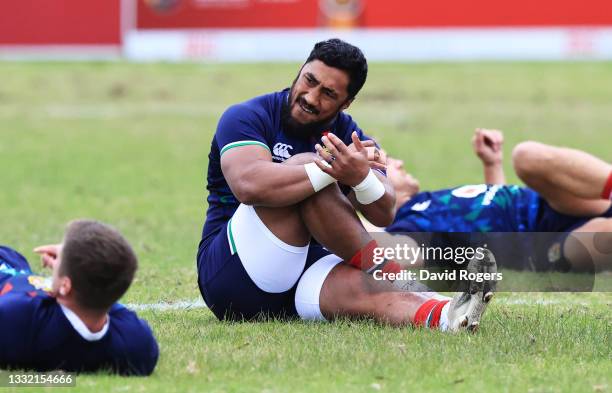 Bundee Aki of British & Irish Lions stretches during a training session at Hermanus High School on August 03, 2021 in Hermanus, South Africa.