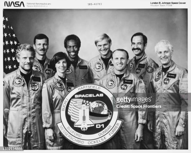 Crew portrait for STS-61A mission ahead of Space Shuttle Challenger mission STS-61-A, at Johnson Space Center in Houston, Texas, 27th September 1985....