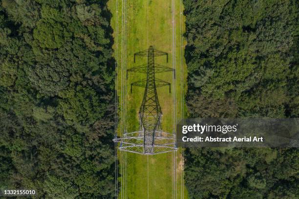 drone shot directly above an electricity pylon and its shadow at the centre of two forests, southampton, united kingdom - netsnoer stockfoto's en -beelden