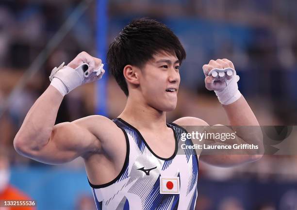 Daiki Hashimoto of Team Japan celebrates following his performance during the Mens High Bar Final on day eleven of the Tokyo 2020 Olympic Games at...