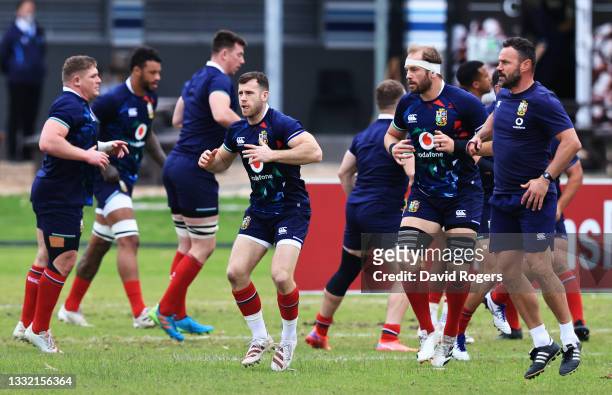 The British & Irish Lions warm up during a training session at Hermanus High School on August 03, 2021 in Hermanus, South Africa.