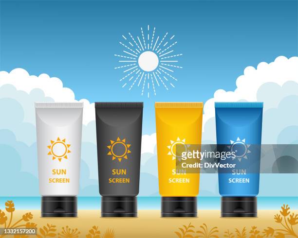 sunscreen cream containers collection - skin tag stock illustrations