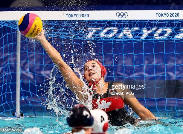 Clara Vulpisi of Team Canada in action during the Tokyo 2020 Olympic Waterpolo Tournament women's quarterfinal match between Canada and United States...