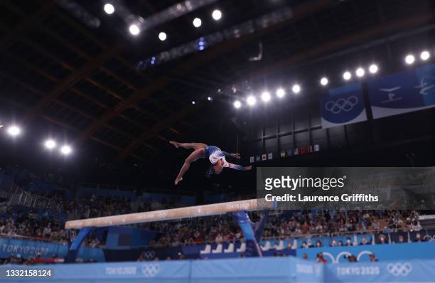 Simone Biles of Team United States in action during the Women's Balance Beam Final on day eleven of the Tokyo 2020 Olympic Games at Ariake Gymnastics...