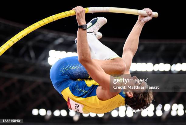 Armand Duplantis of Team Sweden competes in the Men's Pole Vault Final on day eleven of the Tokyo 2020 Olympic Games at Olympic Stadium on August 03,...