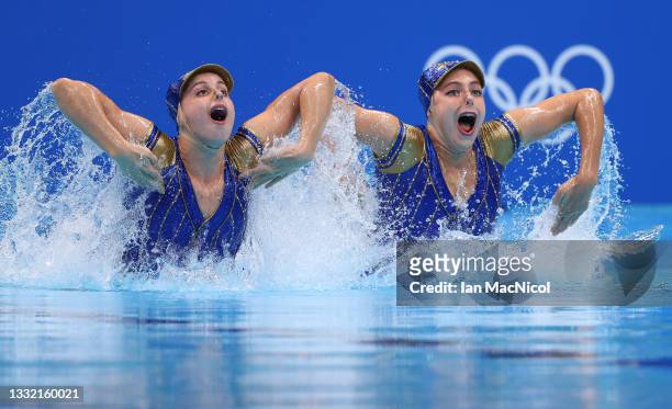 Alisa Ozhogina Ozhogin and Iris Tio Casas of Spain compete in the Technical Routine of the Duet in the Artistic Swimming on day eleven of the Tokyo...