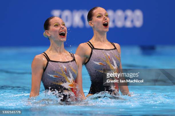 Alexandra Nemich and Yekaterina Nemich of Kazakhstan compete in thr technical Routine of the Duet in the Artistic Swimming on day eleven of the Tokyo...