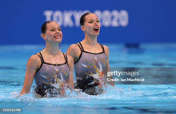 Alexandra Nemich and Yekaterina Nemich of Kazakhstan compete in thr technical Routine of the Duet in the Artistic Swimming on day eleven of the Tokyo...