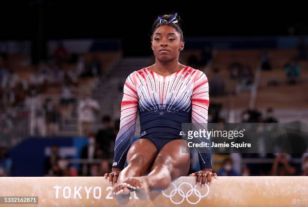 Simone Biles of Team United States competes in the Women's Balance Beam Final on day eleven of the Tokyo 2020 Olympic Games at Ariake Gymnastics...