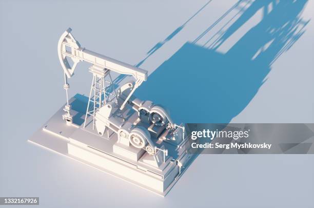 one white oil pump on a white background. fossil oil extraction pumpjack concept cgi illustration. - borehole stock-fotos und bilder