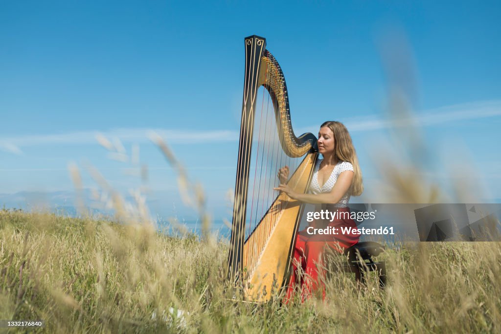 Young female musician practicing harp in meadow during sunny day