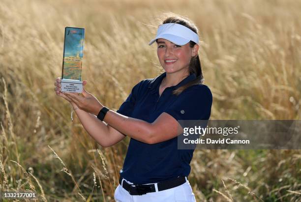 Jae Bowers of England poses with the winner's trophy after her victory in the Rose Ladies Series at Royal Birkdale Golf Club on August 03, 2021 in...