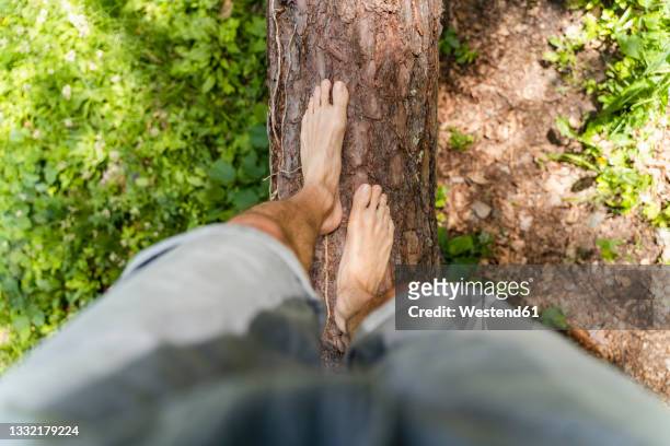 man walking on fallen tree - barefoot men 個照片及圖片檔