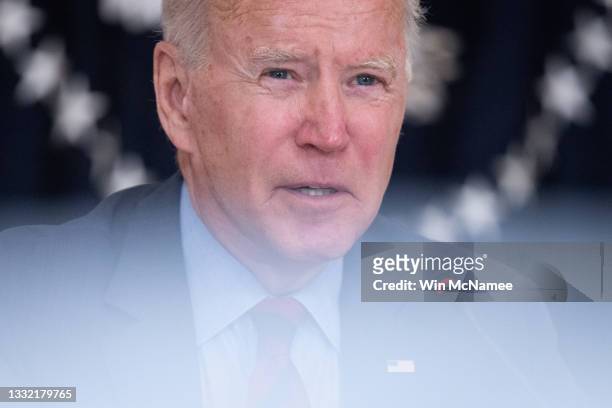 President Joe Biden speaks during a meeting with Latino community leaders in the State Dining Room of the White House August 3, 2021 in Washington,...