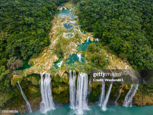 aerial view of waterfall from rock formation amidst green trees, huasteca potosi, mexico - naturwunder stock-fotos und bilder