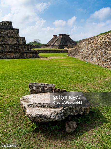 rock on grass at el tajin, veracruz, mexico - pirâmide dos nichos imagens e fotografias de stock