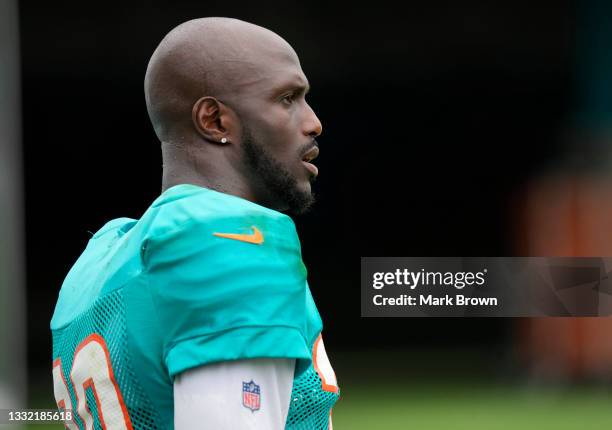 Cornerback Jason McCourty of the Miami Dolphins looks on during Training Camp at Baptist Health Training Complex on August 03, 2021 in Miami Gardens,...