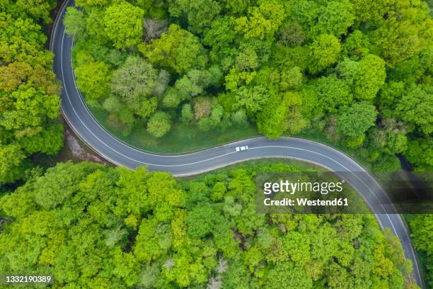 aerial view of asphalt road winding through green springtime forest - straße kurve stock-fotos und bilder